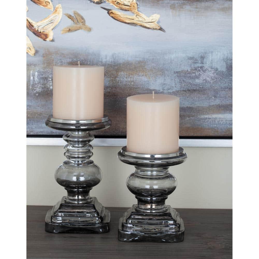 DecMode 2 Candle Silver Glass Handmade Turned Style Pillar Candle Holder, Set of 2