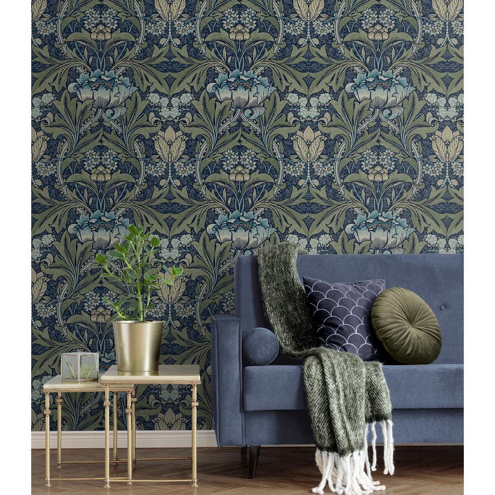 Seabrook Designs  Acanthus Floral Prepasted Wallpaper 20.5 in. W x 33 ft. L - Denim & Sage