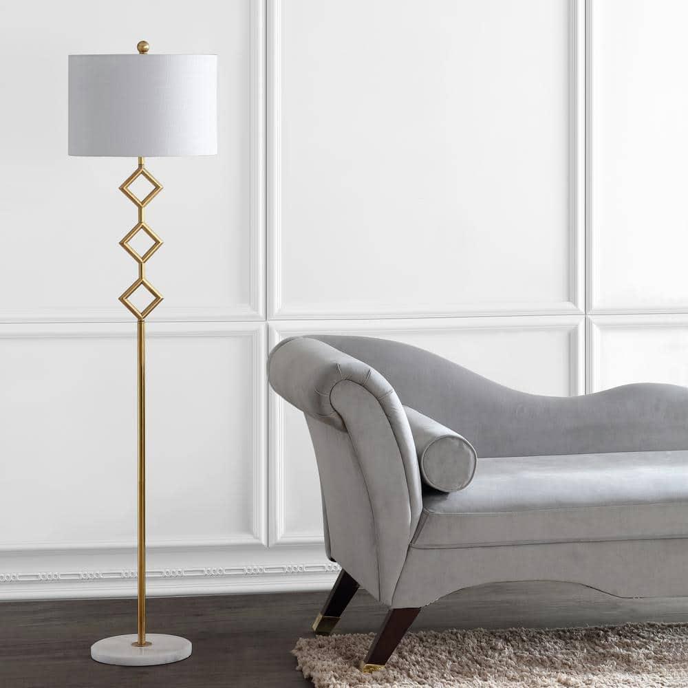 JONATHAN Y Diamante 61.5" Modern Gilt Metal with Marble Based LED Floor Lamp, Gold/White, JYL1083A