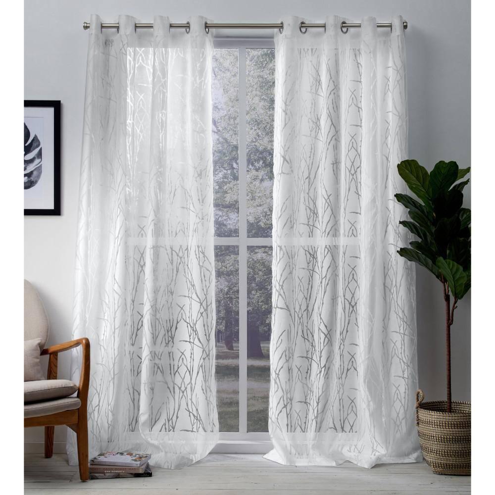 Set of 2 84"x52" Edinburgh Branch Sheer Burnout Grommet Top Window Curtain Panel White - Exclusive Home: Modern Botanical Design, Indoor Use