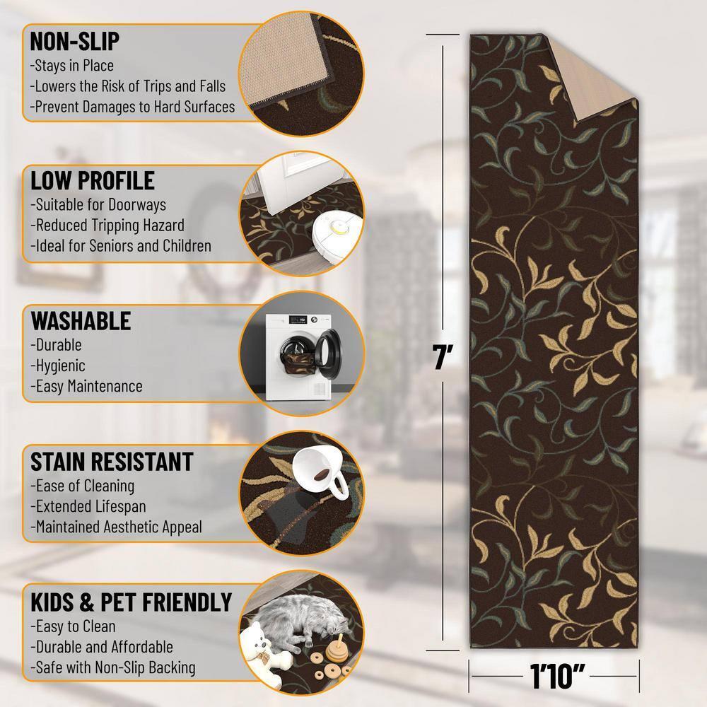 Ottohome Non-Slip Leaves Area Rug For Living Room, Hallway Runner, Entryway Rug, Brown