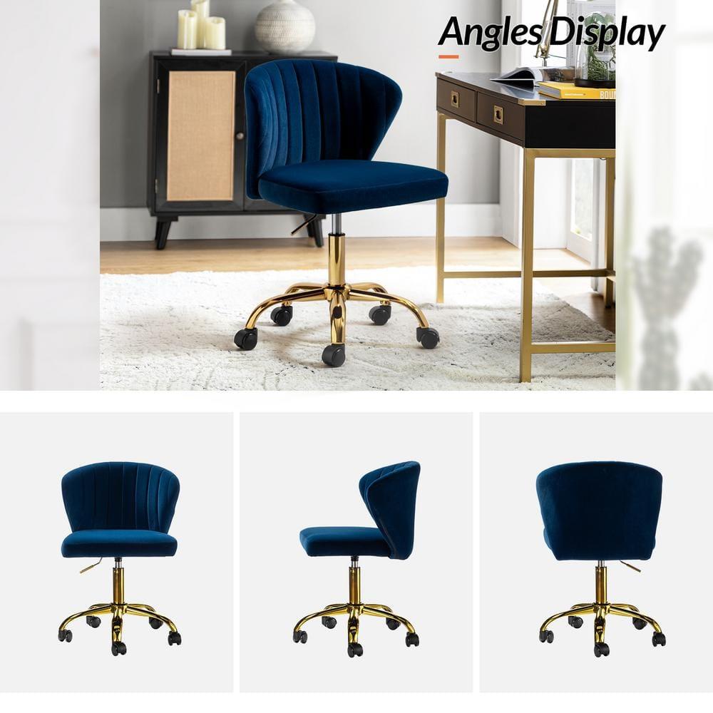 Navy Velvet Swivel Office Chair with Gold Legs, Adjustable Height Rolling Desk Chair for Vanity