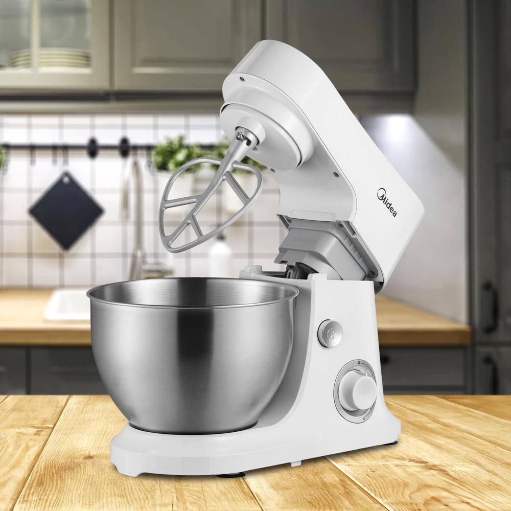 Midea 5qt 6-Speed Stand Mixer White: 300W, Tilt Back Head, 5 Quart Stainless Steel Bowl, Dishwasher-Safe Parts