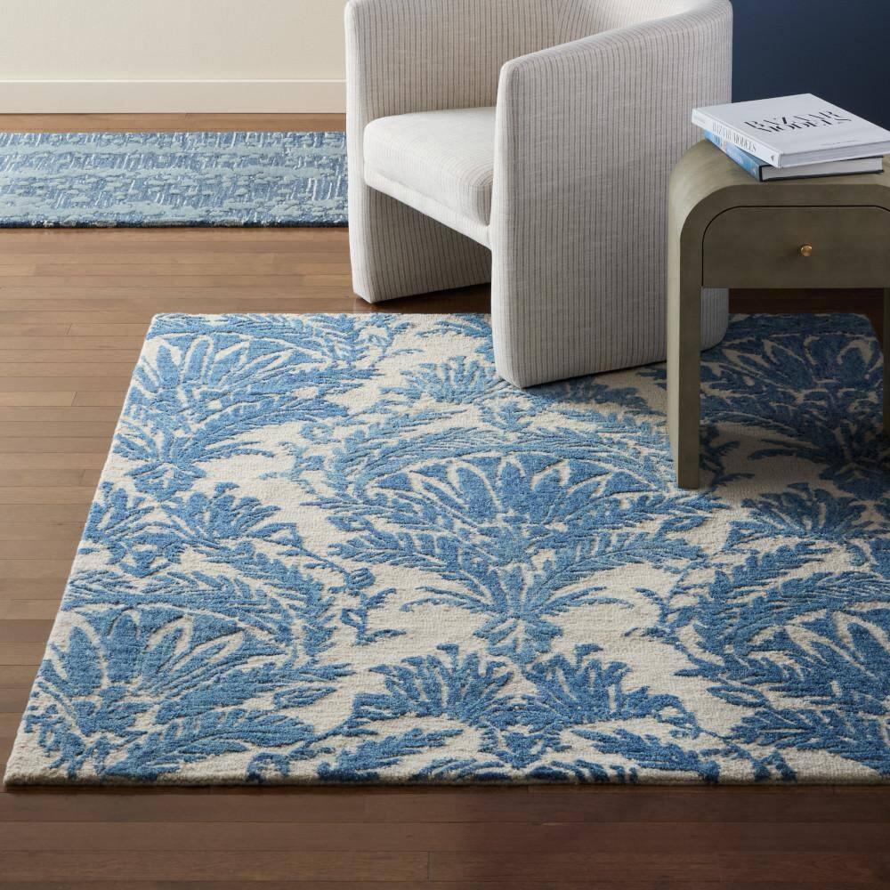 NICOLE MILLER NEW YORK Mod Damask Chambray Handcrafted Wool Area Rug Blue