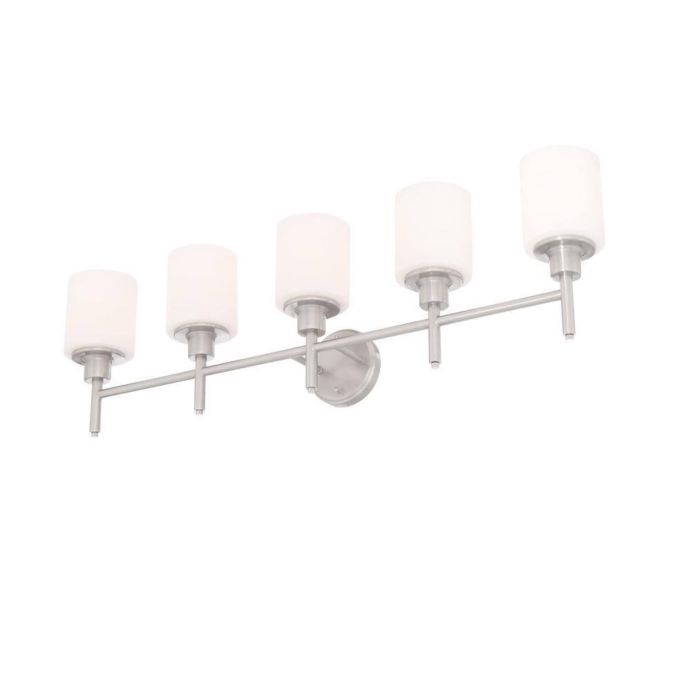Design House 556225 Aubrey Transitional 5-Light Indoor Bathroom Vanity Light Dimmable Frosted Glass for Over the Mirror, Satin Nickel