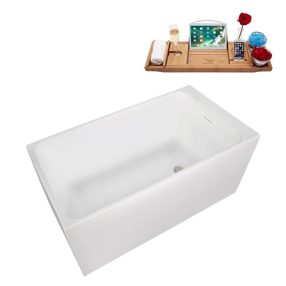 Streamline Bath 51" Streamline Soaking Glossy White Acrylic Freestanding Bathtub, Bamboo Tray, Drain B-520-244-BNK