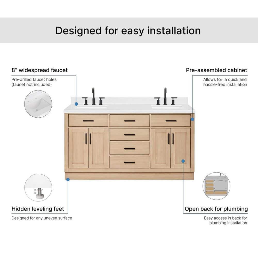 Tidworth 66'' Solid Wood Double Bathroom Vanity with 1.5'' Carrara Quartz Top, Rectangular Sinks