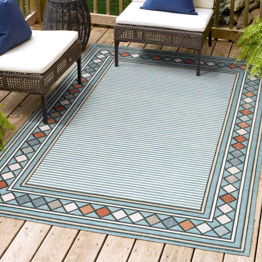 JONATHAN Y Sebastian High-Low Modern Diamond Border Blue/Ivory 5 ft. x 8 ft. Indoor/Outdoor Area Rug