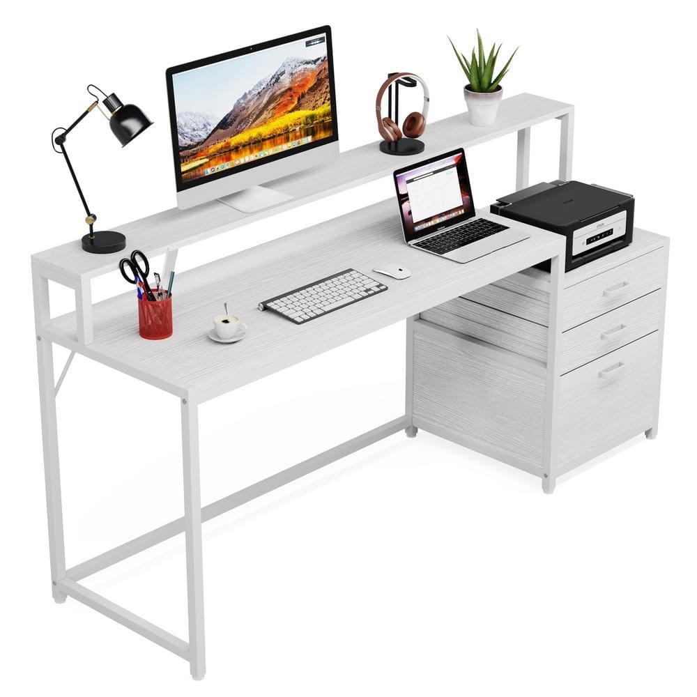 White Wood 63" Computer Desk with Drawers and Filing Cabinet