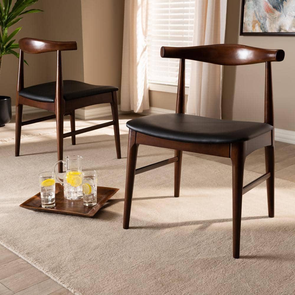 Baxton Studio Eira Mid-Century Modern Black Faux Leather Upholstered Walnut Finished Wood Dining Chair Set of 2