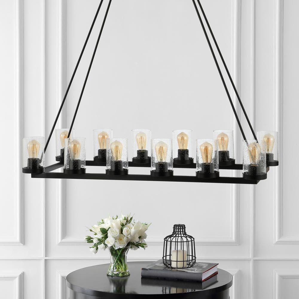 JONATHAN Y JYL7555A Coronet 45.5" 12-Light Seeded Glass/Iron Rustic Farmhouse Rectangular LED Candelier, Industrial, Vintage for living room, dinning room, bedroom Bulb Included, Oil Rubbed Bronze