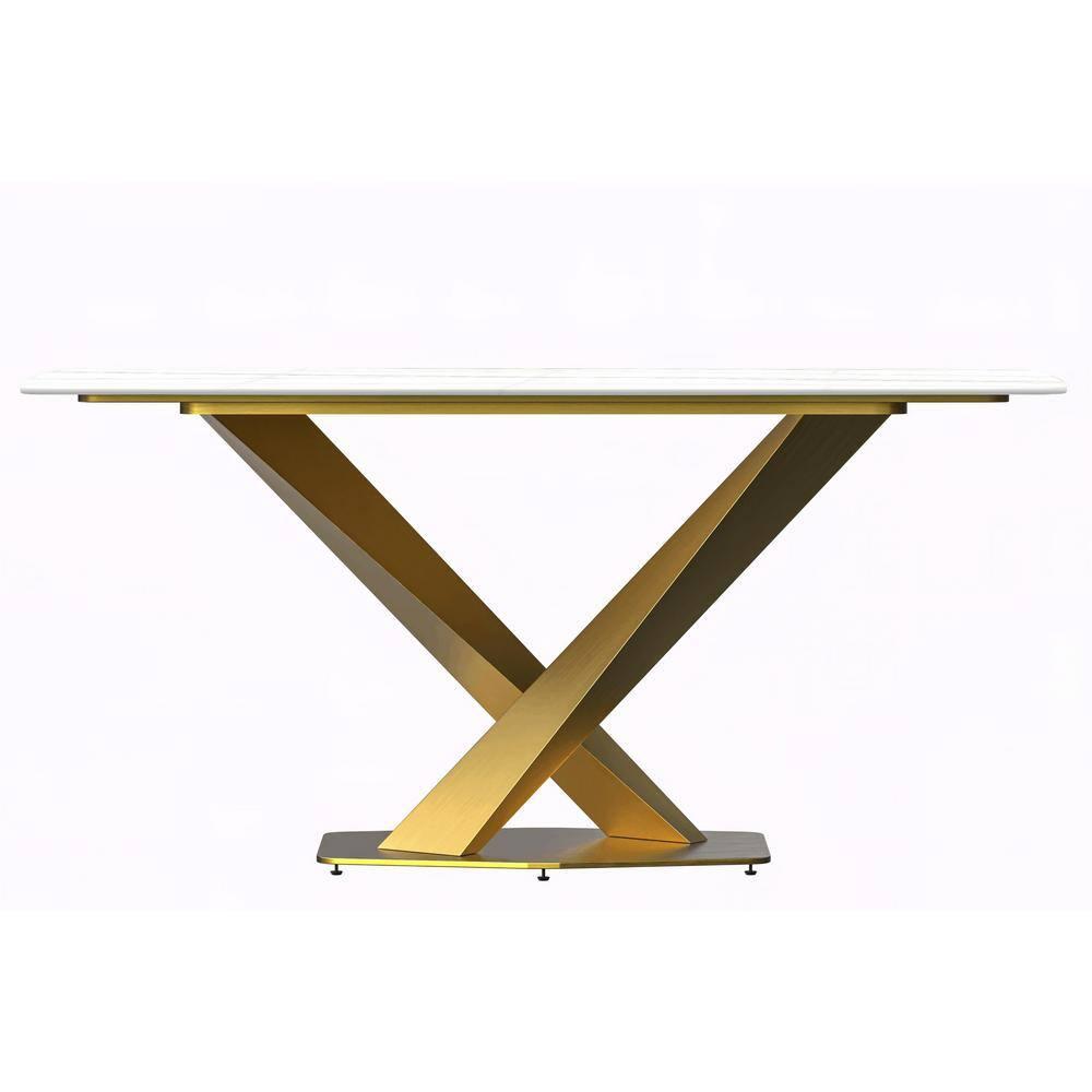 LeisureMod Voren Mid-Century Modern Dining Table with a 55" Sintered Stone Rectangular Tabletop in Gold Stainless Steel Base for Kitchen and Dining Room, White/Gold