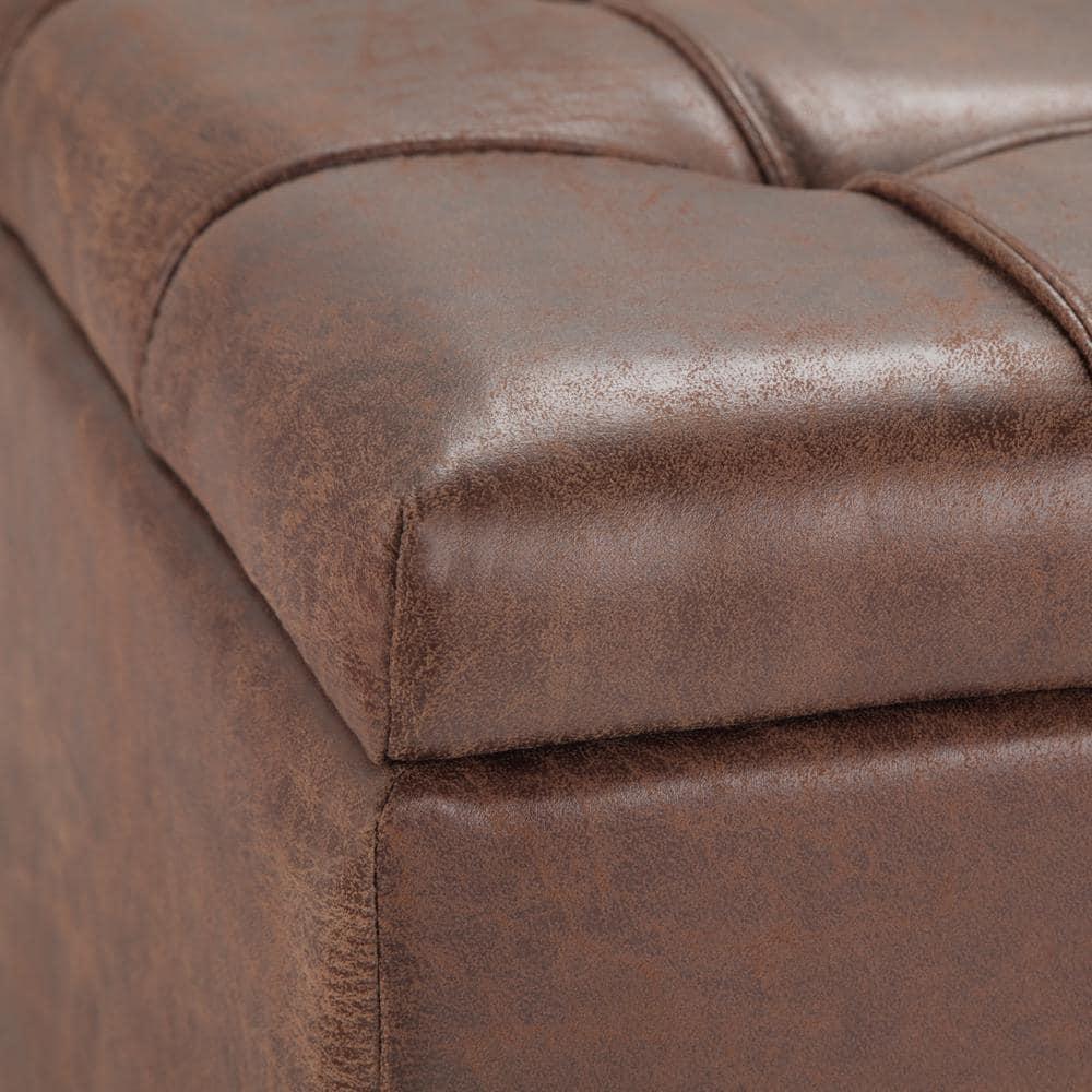 Simpli Home Harrison 36"W Upholstered Square Coffee Table Storage Ottoman with Split Lift Top