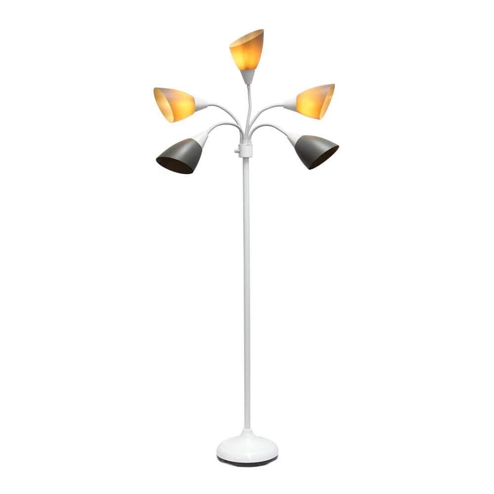 Simple Designs 67" Contemporary Multi 5-Head Adjustable Gooseneck Floor Lamp with Shades Gray : ETL Listed, Metal Body, Rotary Dimmer Switch