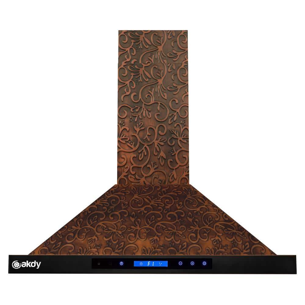 30-Inch Convertible Wall Mount Range Hood with Embossed Copper Vine Design, 343 CFM, 4 Fan Speeds, Touch Panel Controls, LED Lighting and Remote Control