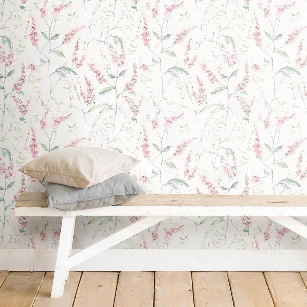 RoomMates Floral Sprig Peel and Stick Wallpaper Pink: Removable Vinyl Botanical Self-Adhesive, 28.2 Sq Ft Coverage
