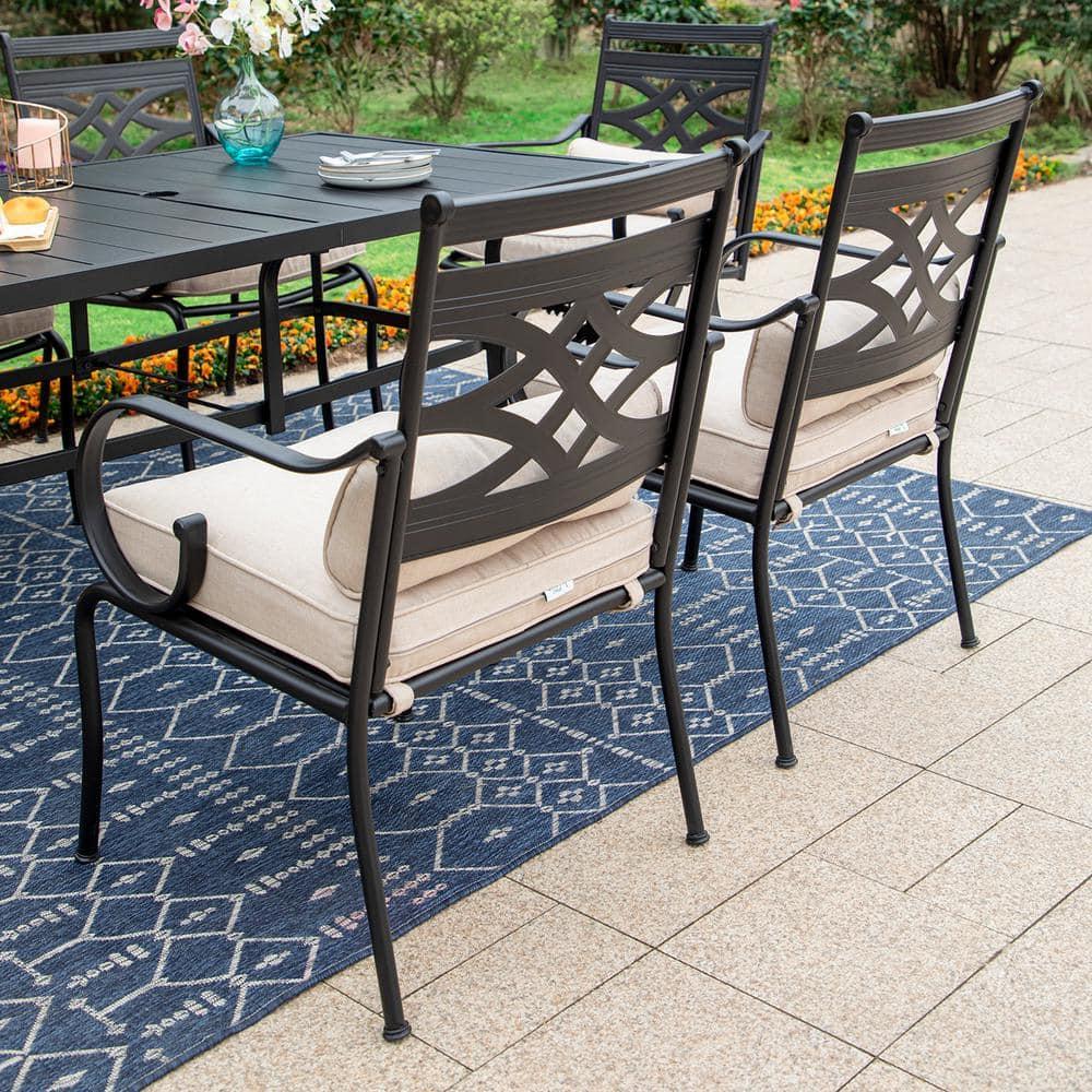 Summit Living 7-Piece Outdoor Patio Dining Set with 6 Swivel Cushioned Chairs & 1 Metal Steel Table, Black & Beige