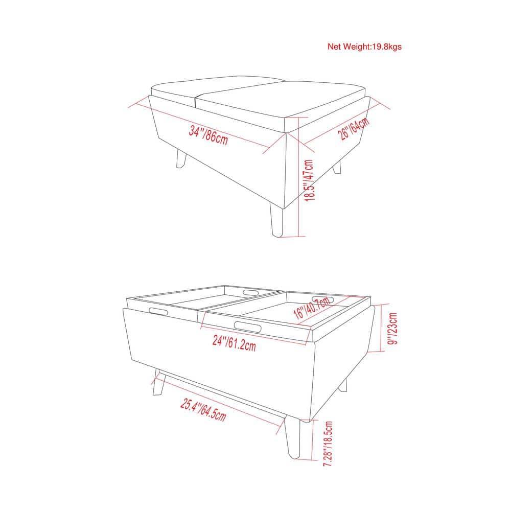 Simpli Home Owen 34"W Small Upholstered Coffee Table Storage Ottoman with Flip-Over Tray Top and Solid Wood Legs