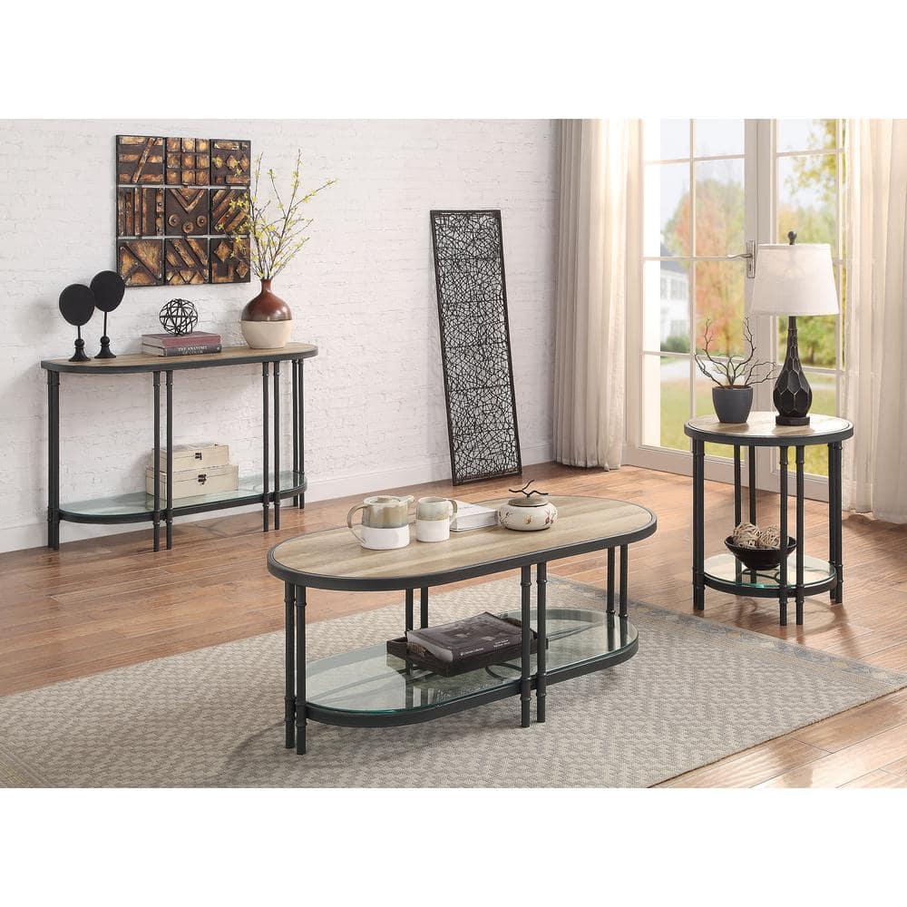 Acme Furniture Brantley 22" 1 Tier Shelf Accent Table Oak and Sandy Black: Round Beveled Edge, No Assembly Required