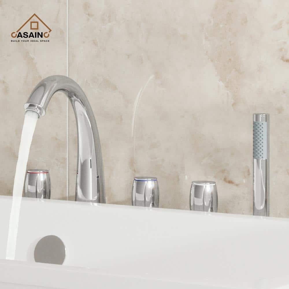 Chrome Plated 3-Handle Deck Mount Roman Tub Faucet with Hand Shower