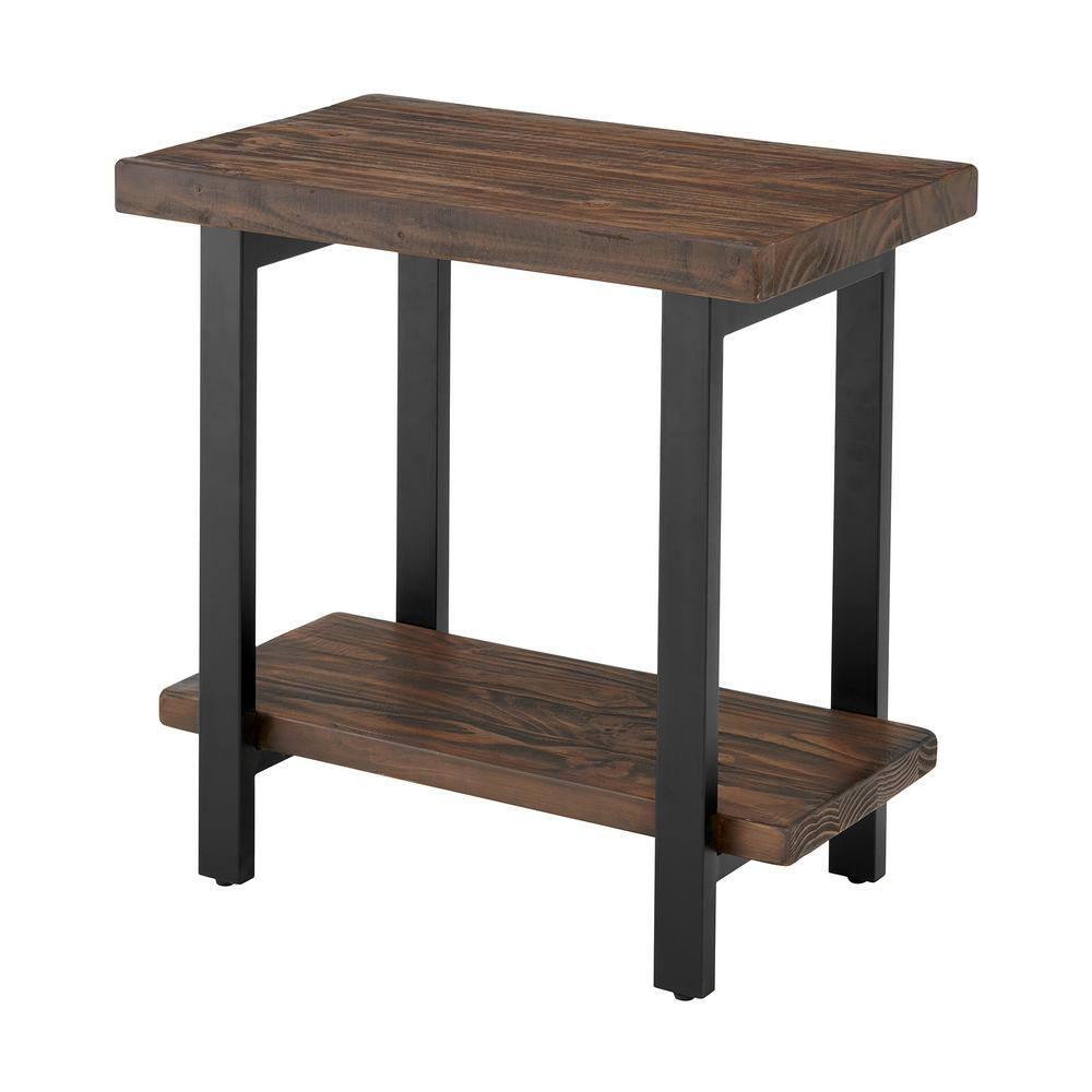 Pomona Solid Wood and Metal End Table with Shelf - Alaterre Furniture: Rustic Design, Fixed Shelf, Rectangle Shape