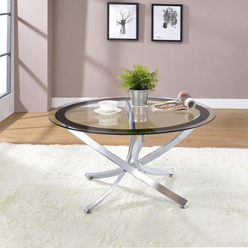 Transitional 35.5'' Round Silver Metal and Black Glass Coffee Table