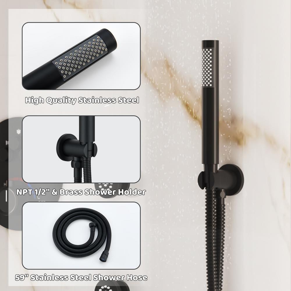 CASAINC Wall Mounted Thermostatic Complete Rainfall Shower System with 6 Body Jets and Rough-in Valve CS6823-12MB