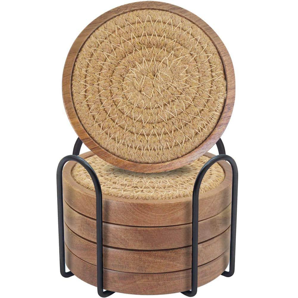 Coasters for Drinks Absorbent Sets of 5, Woven Coasters with Holder, Wood Coasters for Coffee Table, Housewarming Gift for Farmhouse Home Decor, 4 inches (Gray Series)