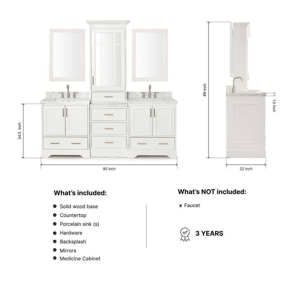 Ariel Stafford 85" Double Sink Vanity Set in White