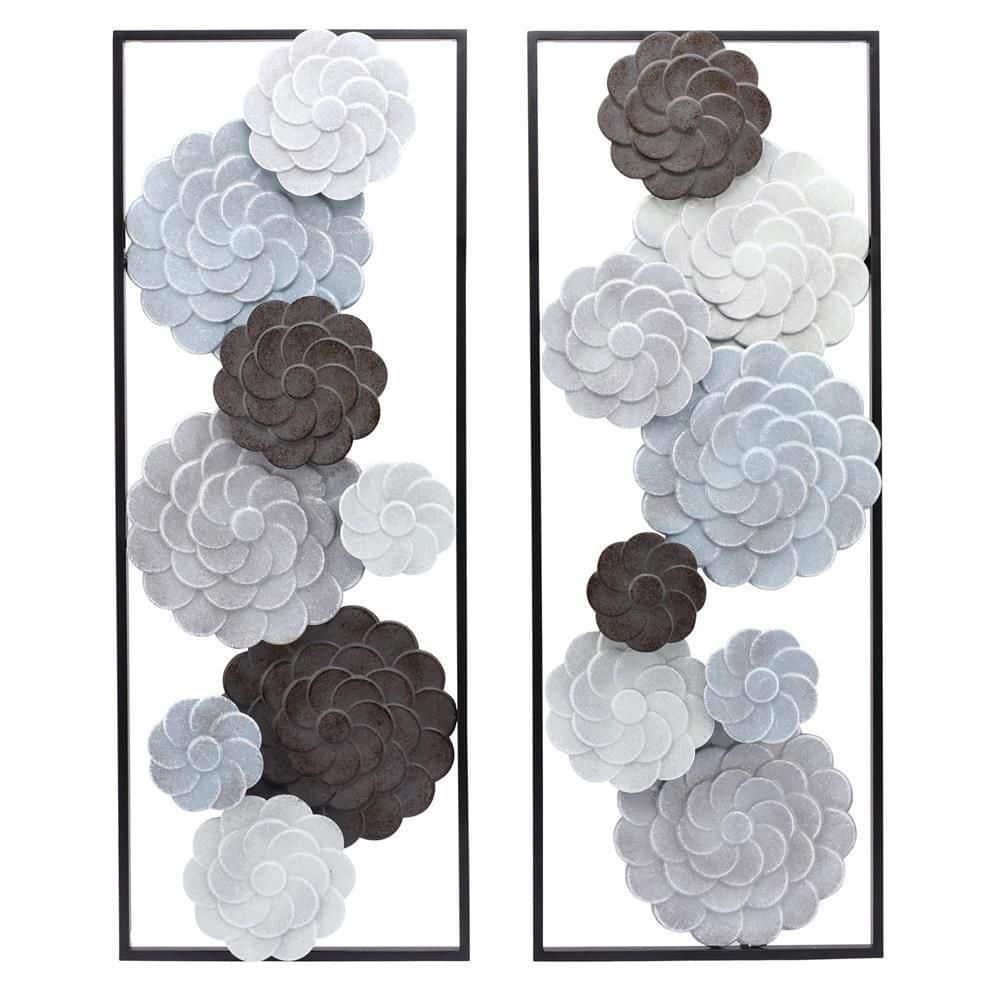 LuxenHome Multi-Color Flowers Metal Rectangular Panels Wall Decor Wall Art, Set of 2 Multicolored