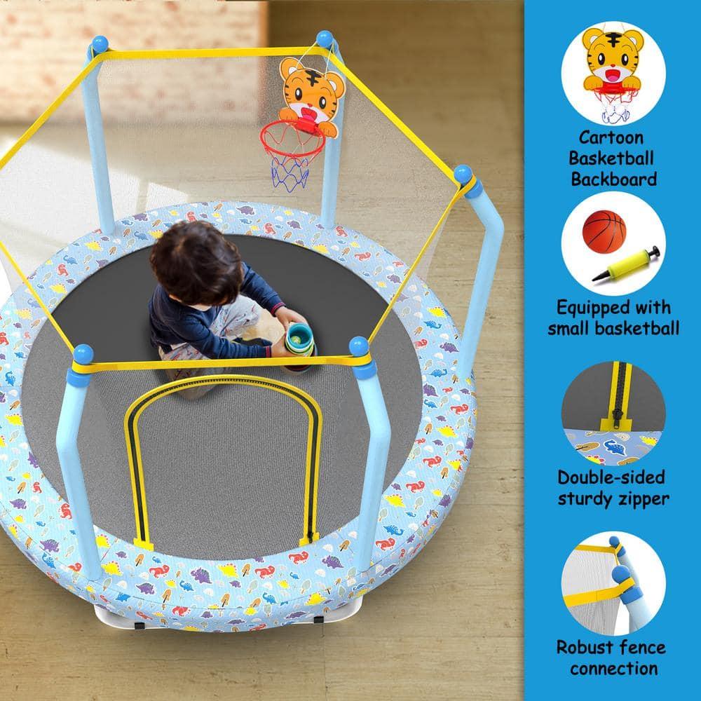 Yoneston 55'' Trampoline for Kids, Indoor & Outdoor Toddlers Trampoline with Enclosure Net and Basketball, Mini Trampoline Gifts for Kids, Baby Toddler Trampoline Toys, Light Blue