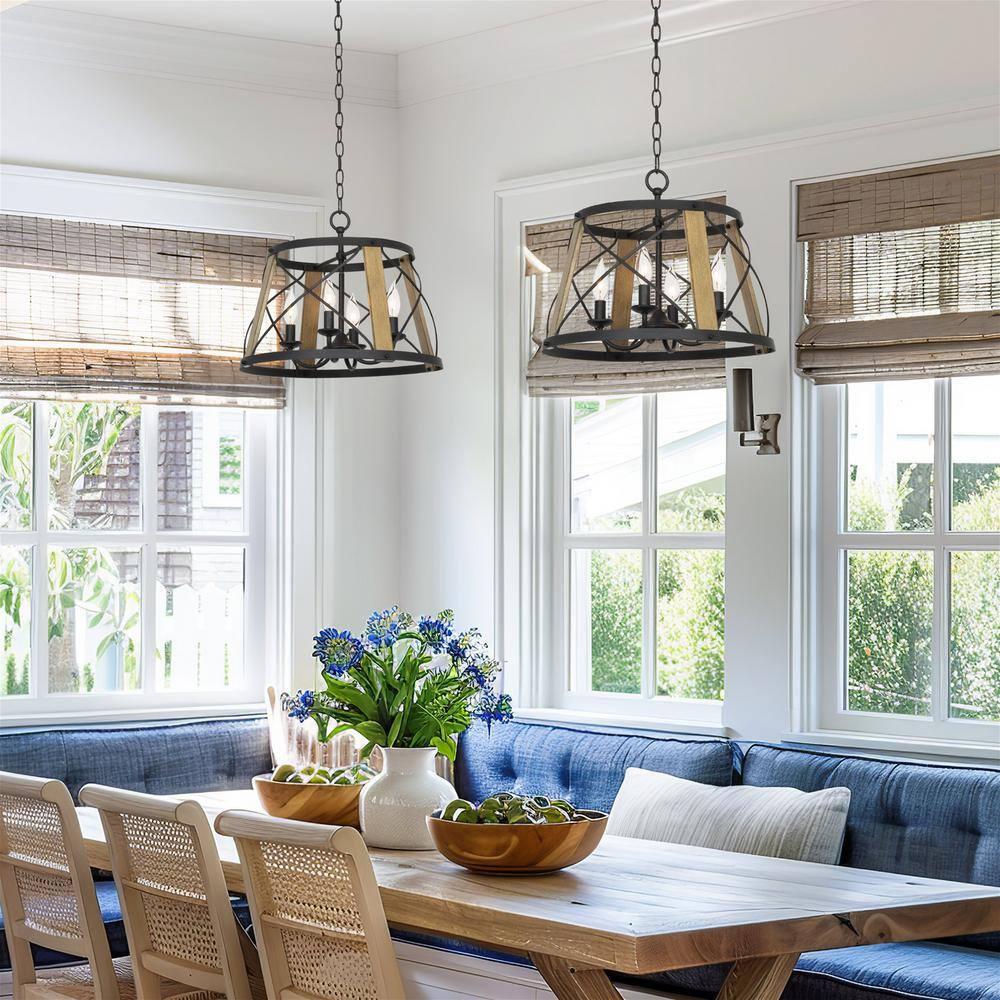 Kira Home Napa 18" Farmhouse Round Pendant Chandelier, Open Cage Design, Smoked Birch Wood, Perfect for Dining Rooms