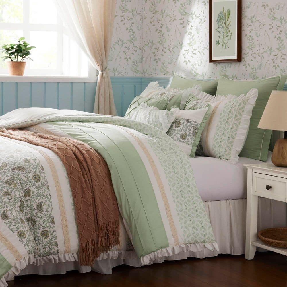 Sage Green Cotton King Reversible Comforter Set with Decorative Pillows