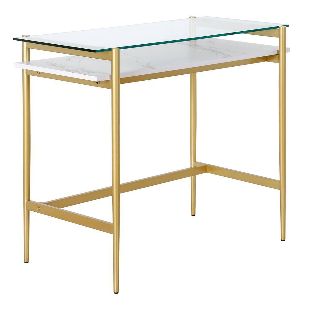 Henn&Hart 36" Brass/Faux Marble Metal/Glass/Faux Marble Home Office