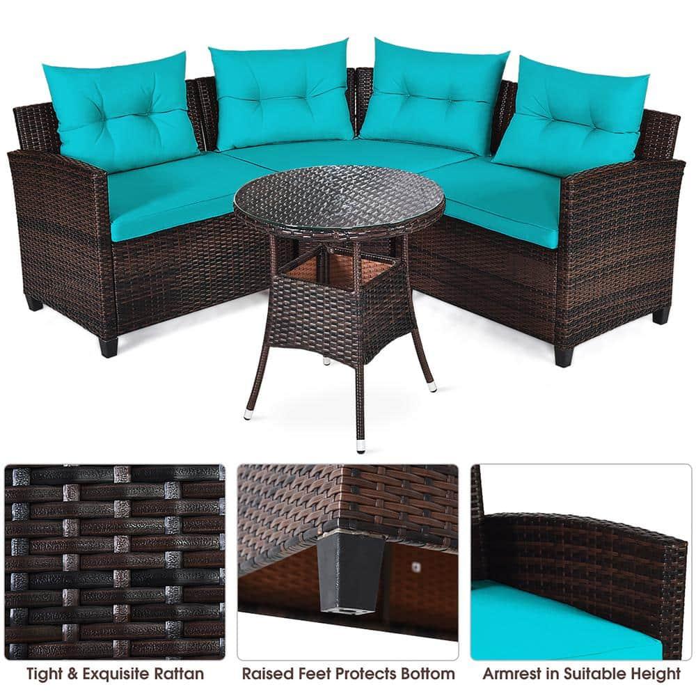 Costway 4PCS Outdoor Patio Rattan Furniture Set Cushioned Sofa Table Turquoise