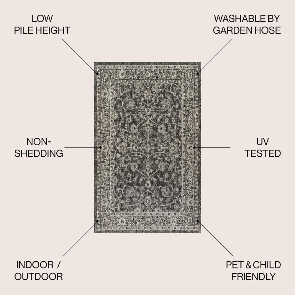 4'x6' Palazzo Vine and Border Textured Weave Indoor/Outdoor Area Rug, Black/Gray - JONATHAN Y