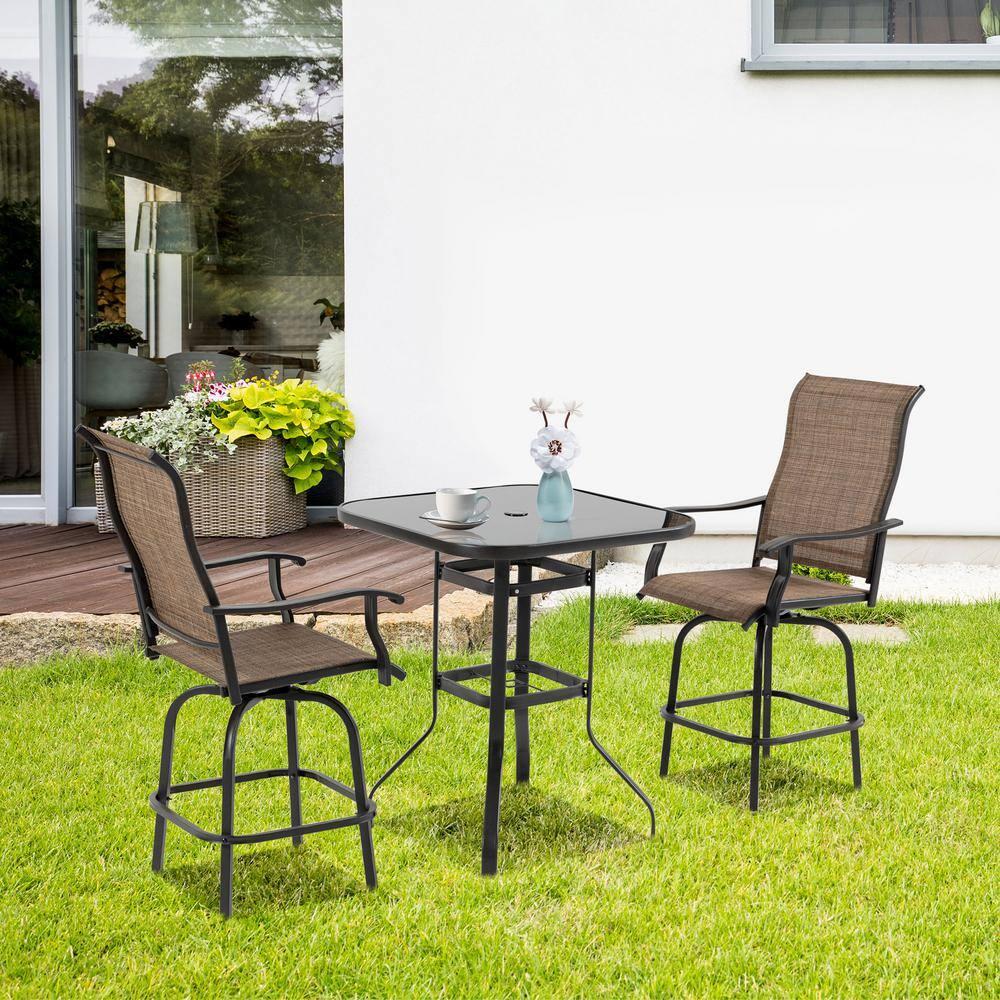 Canora Grey Outsunny Set of 2 Outdoor Swivel Bar Stools with Armrests, Bar Height Patio Chairs with Steel Frame , Brown