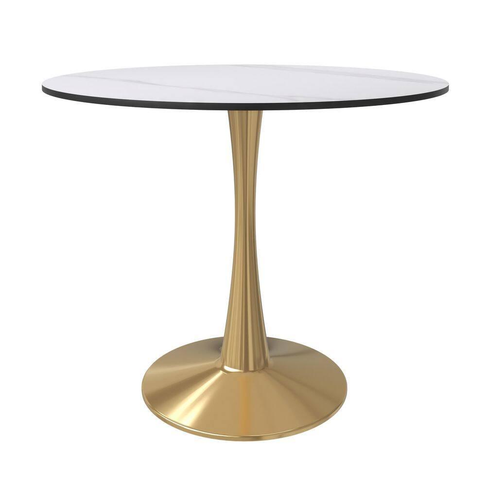 LeisureMod Bristol 35" Round Dining Table – Sintered Stone Top Accent Café Table & Sturdy Steel Gold Pedestal Base for Kitchen and Small Spaces