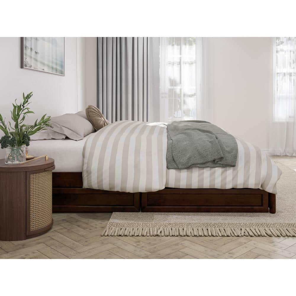 Barcelona King Solid Wood Panel Platform Bed with Storage Drawers in Walnut