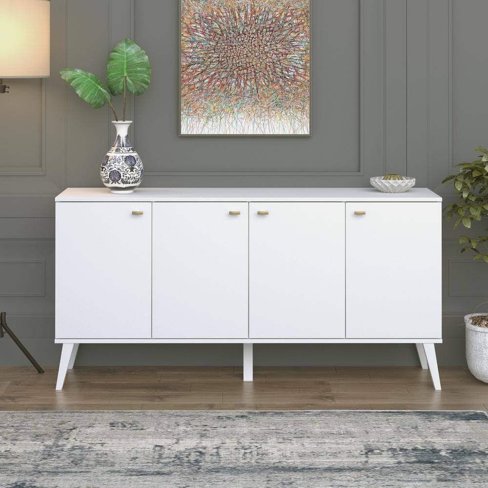 Milo Mid-Century Modern 4 Door Buffet Server White - Prepac: Laminated Storage Cabinet, CARB Certified