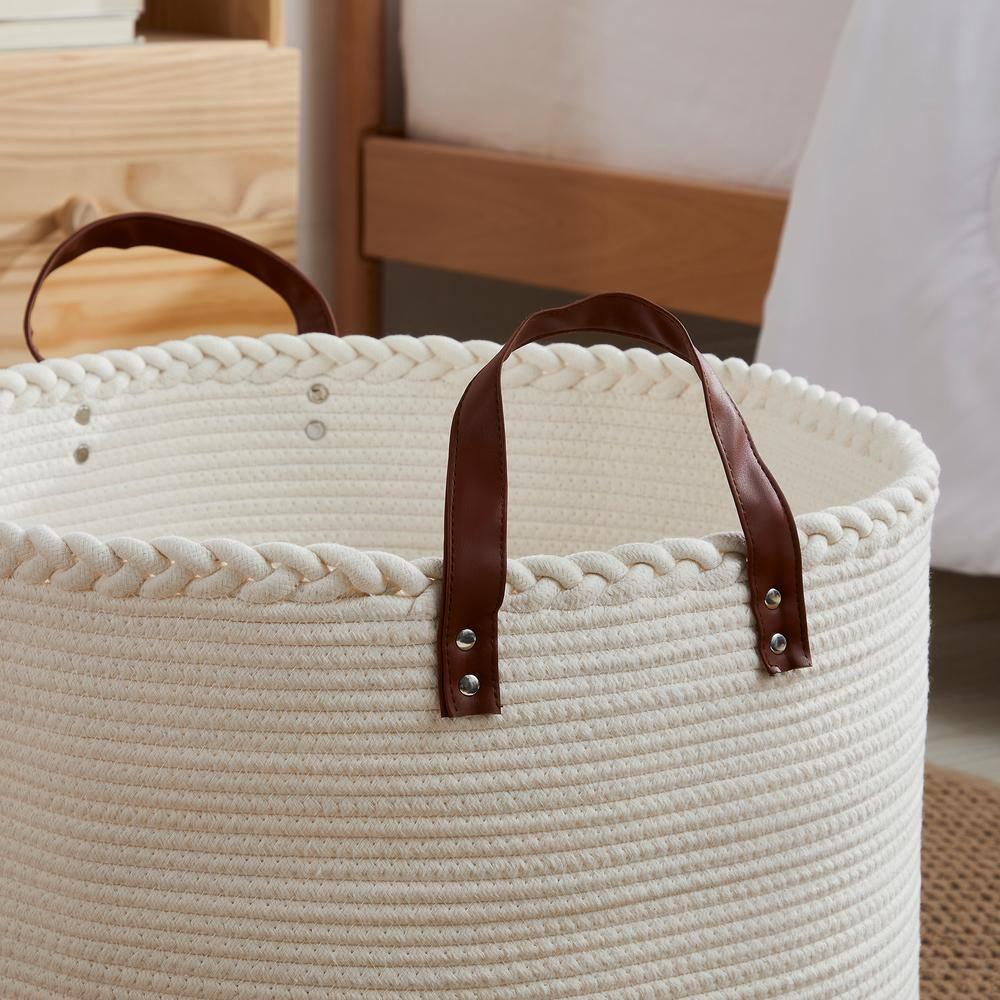 XLarge Round Cotton Rope Storage Basket Bin Organizer Laundry Hamper with Leather Handles, 21 x 21 x 14, Extra Large Blanket Woven Toy Basket for Baby Nursery - Cream