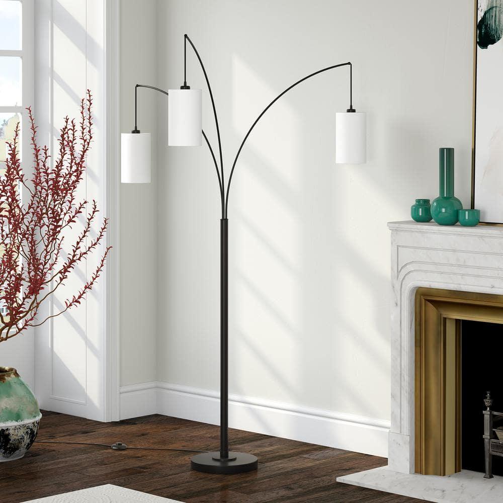 Hudson and Canal 3-Light Torchiere Floor Lamp with Fabric Shade Blackened Bronze/White: Metal Body, Push Button Foot Switch