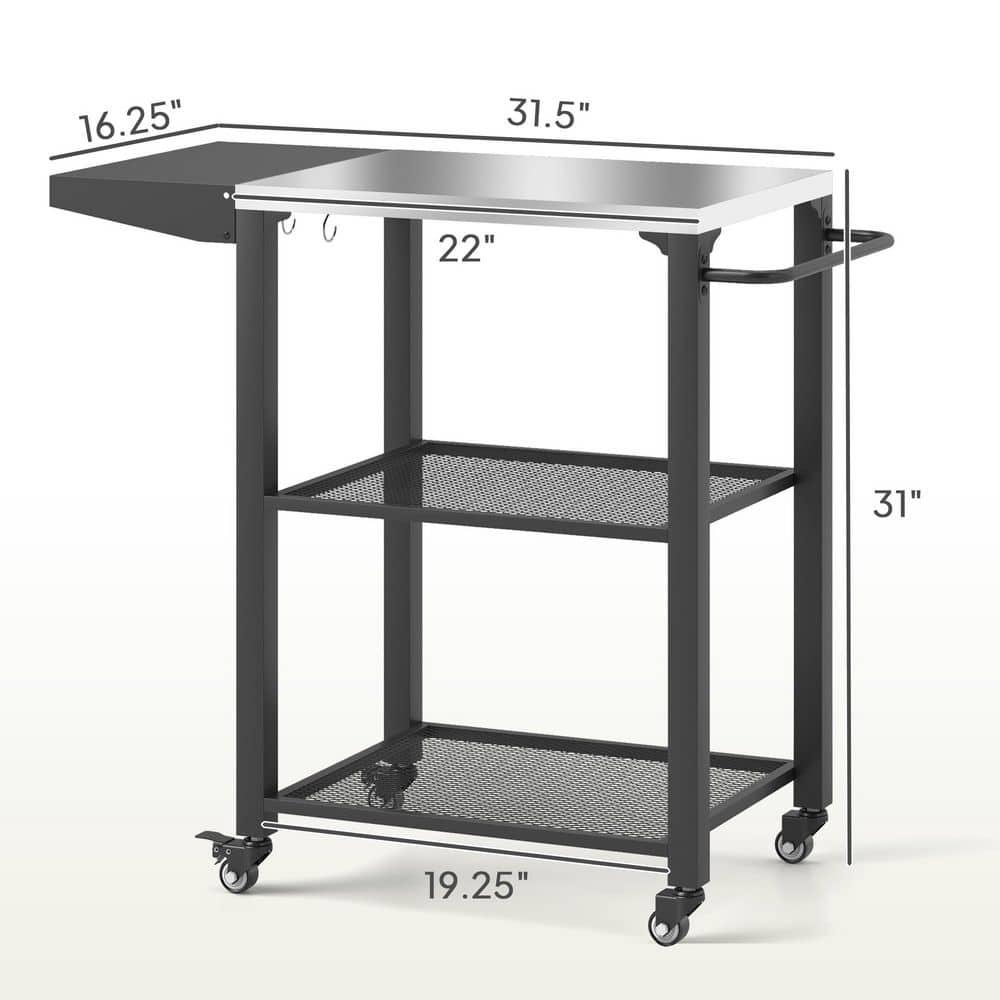 Outsunny 3-Shelf Outdoor Grill Cart Table with Foldable Side Table, Stainless Steel Tabletop, 22" x 16.1" Pizza Oven Stand with Hooks, Silver