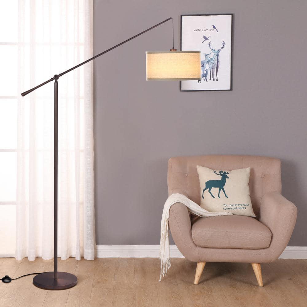 Brightech Hudson 70 in. Modern Height-Adjustable LED Tall Standing Floor Lamp with Beige Fabric Drum Shade