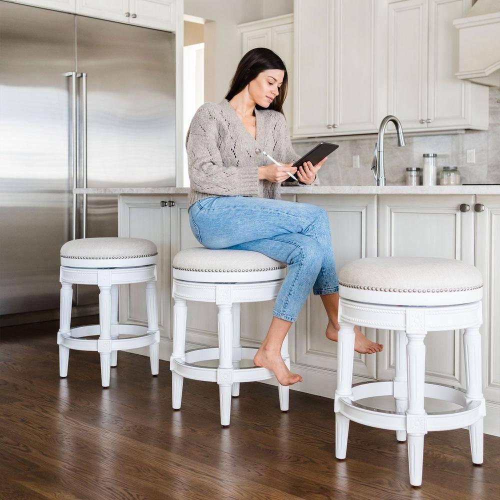 Maven Lane Pullman 31 Inch Tall Backless Alabaster White Finish Bar Height Upholstered Barstool with Cream Fabric Cushion Seat, Set of 3