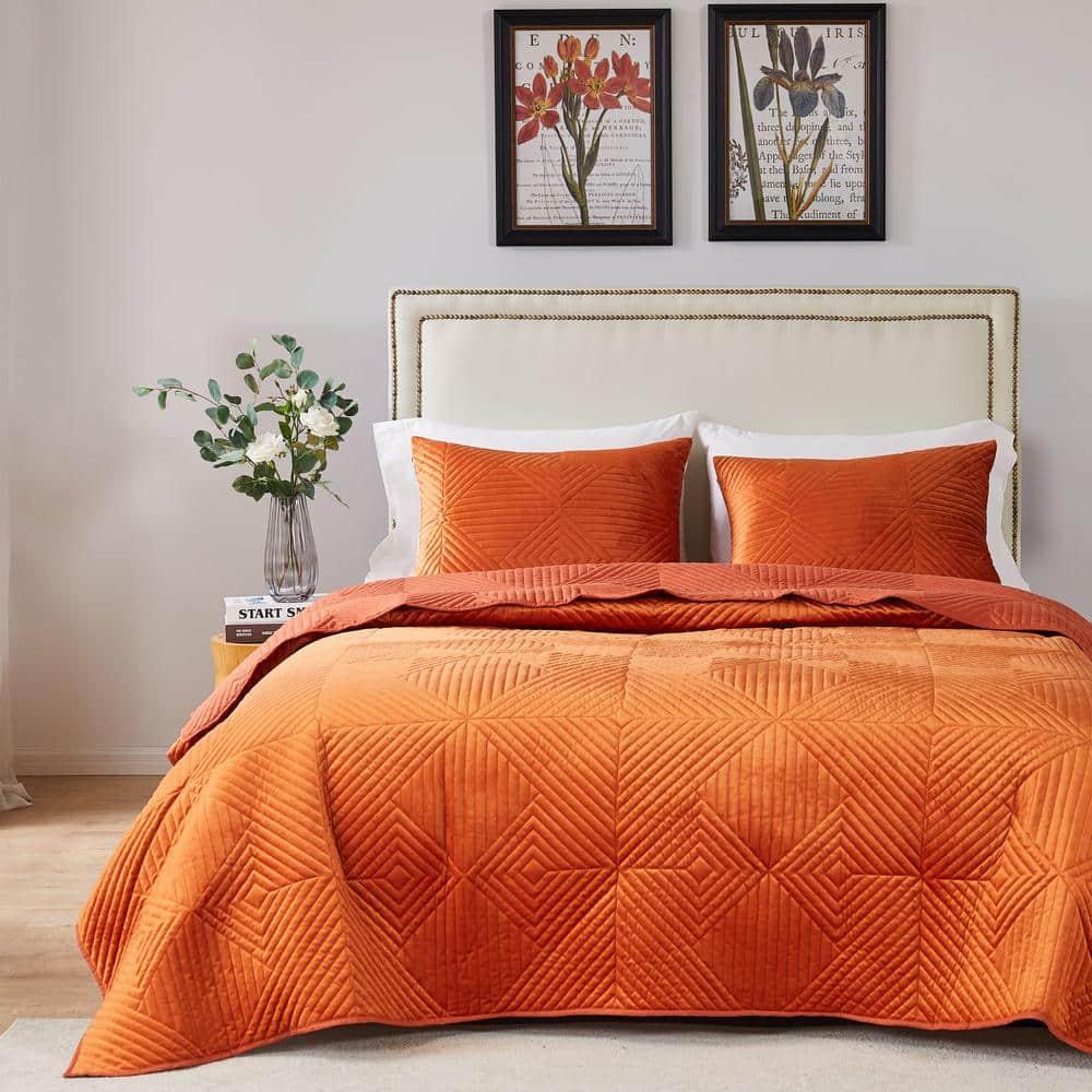 Greenland Home Fashions 3pc King Riviera Velvet Quilt & Sham Set Spice Orange: Microfiber, Zipper Closure, Year-Round