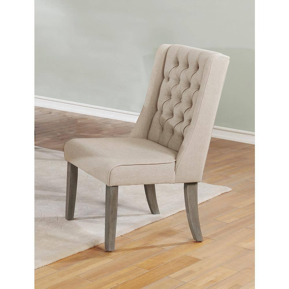 Rustic Gray Dining Chairs (Set of 2) with Beige Linen Fabric Tufted Seats