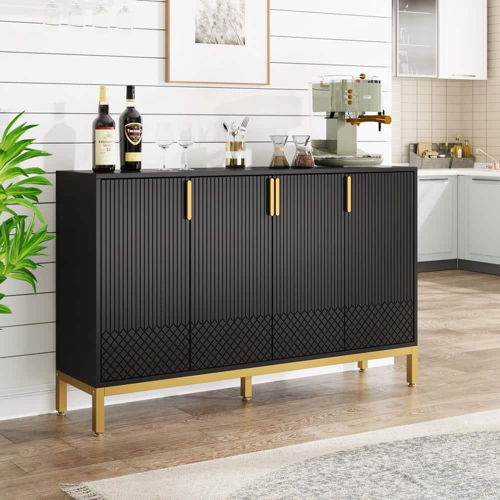 Finmind 59" Buffet Cabinet, 4-Door Storage Sideboard, Black & Gold Coffee Bar Cabinet for Dining Room or Living Room