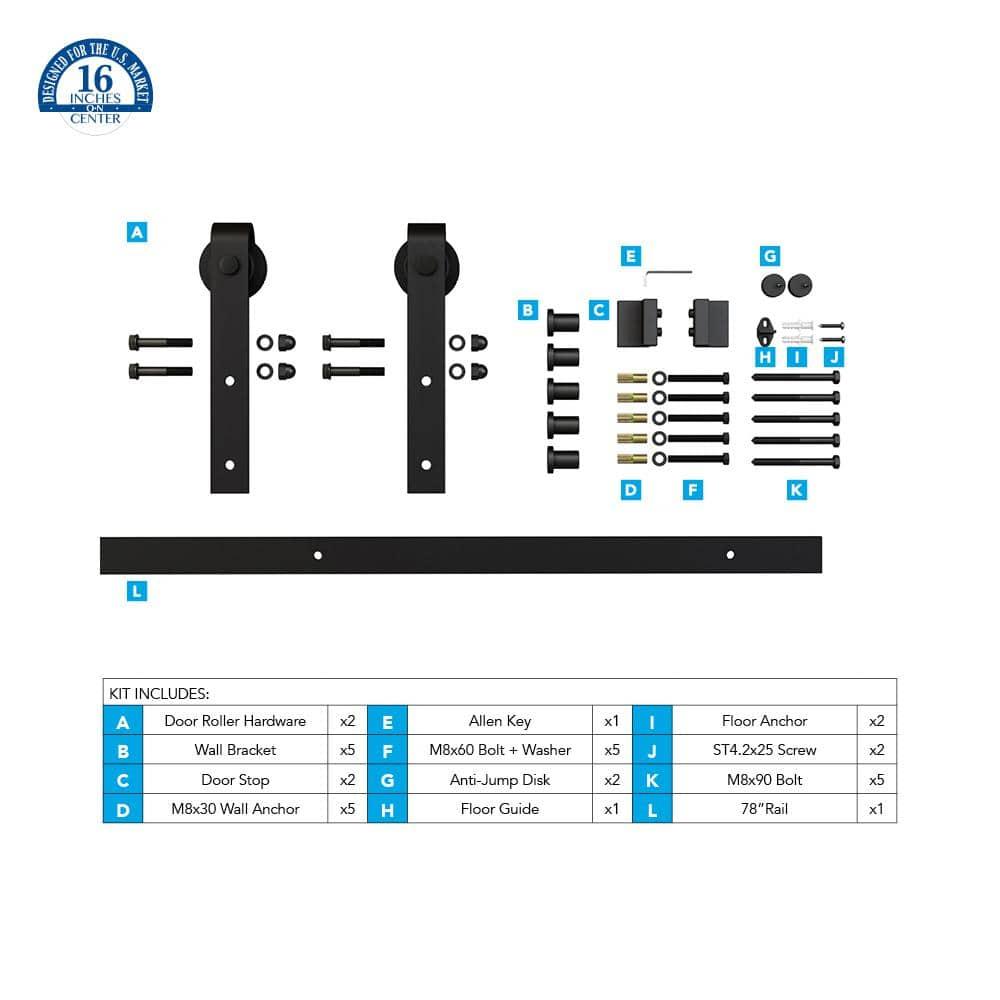 American Pro Decor Steel Sliding Rolling Barn Door Hardware Kit for Single Wood Doors with Routed Floor Guide