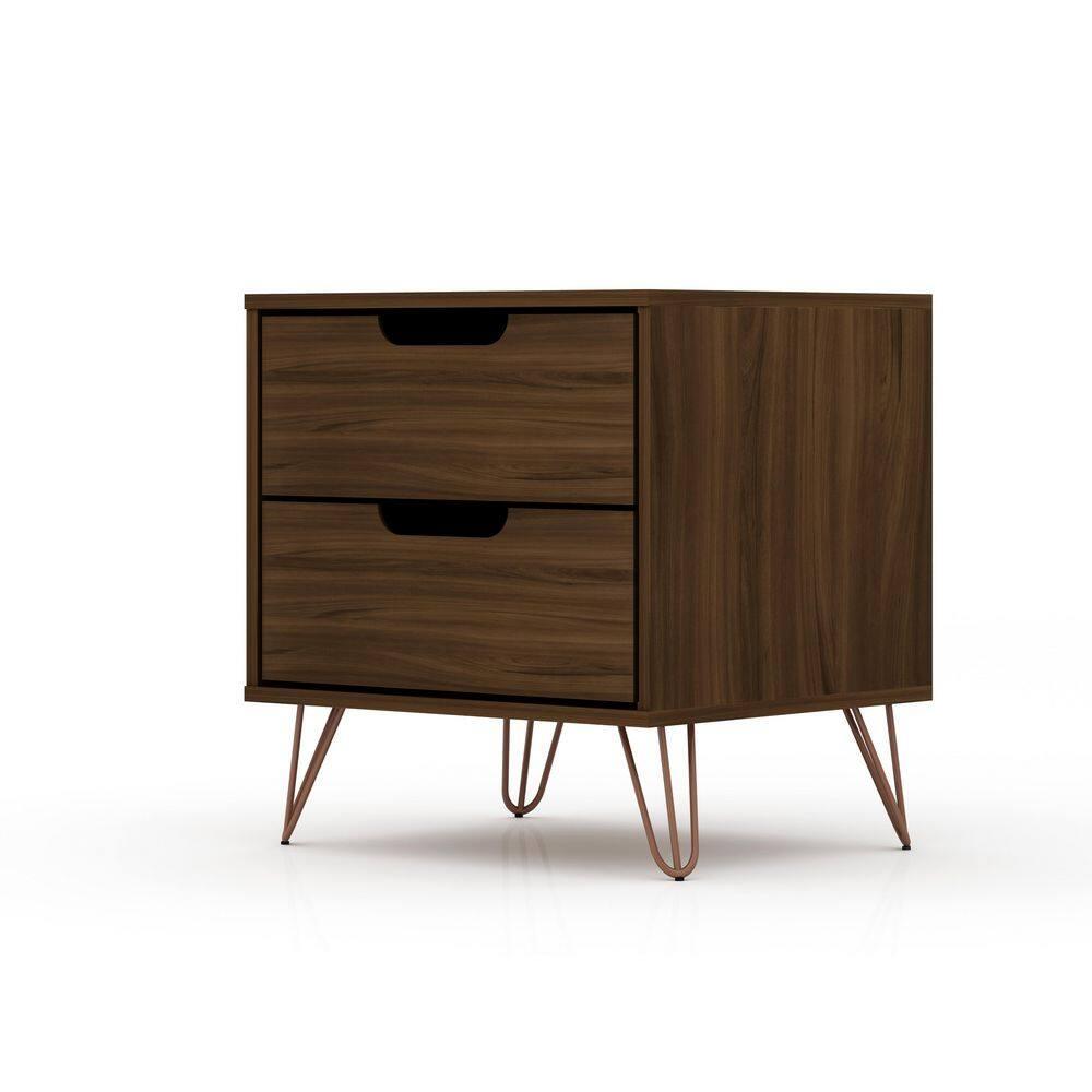2.0 Rockefeller Nightstand Brown - Manhattan Comfort: Modern Bedside Table with Metal Legs & Storage